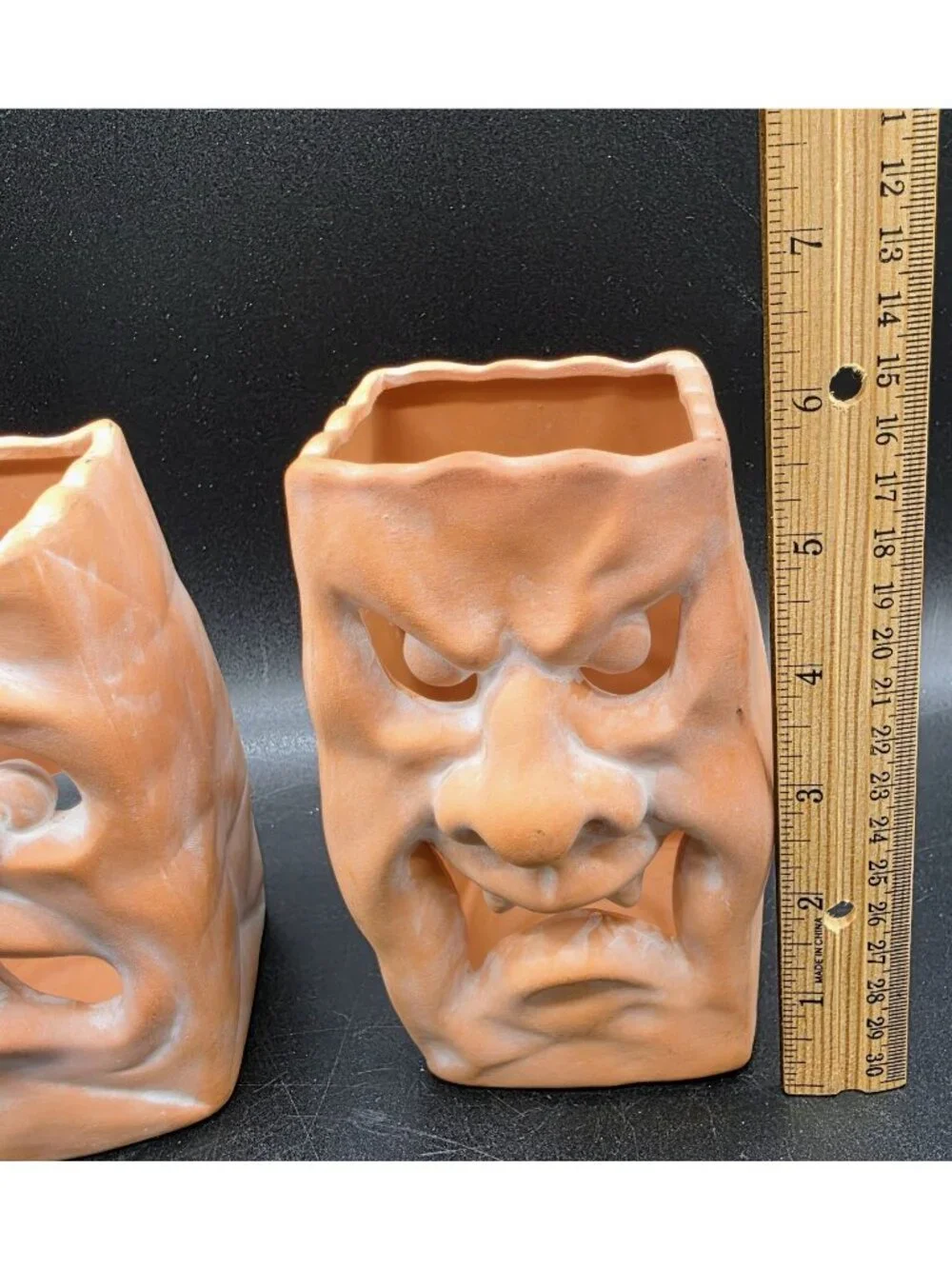 Russ Jack-O-Lantern Terracotta Paper Bag Pumpkin Candleholder Pair Halloween Vtg
